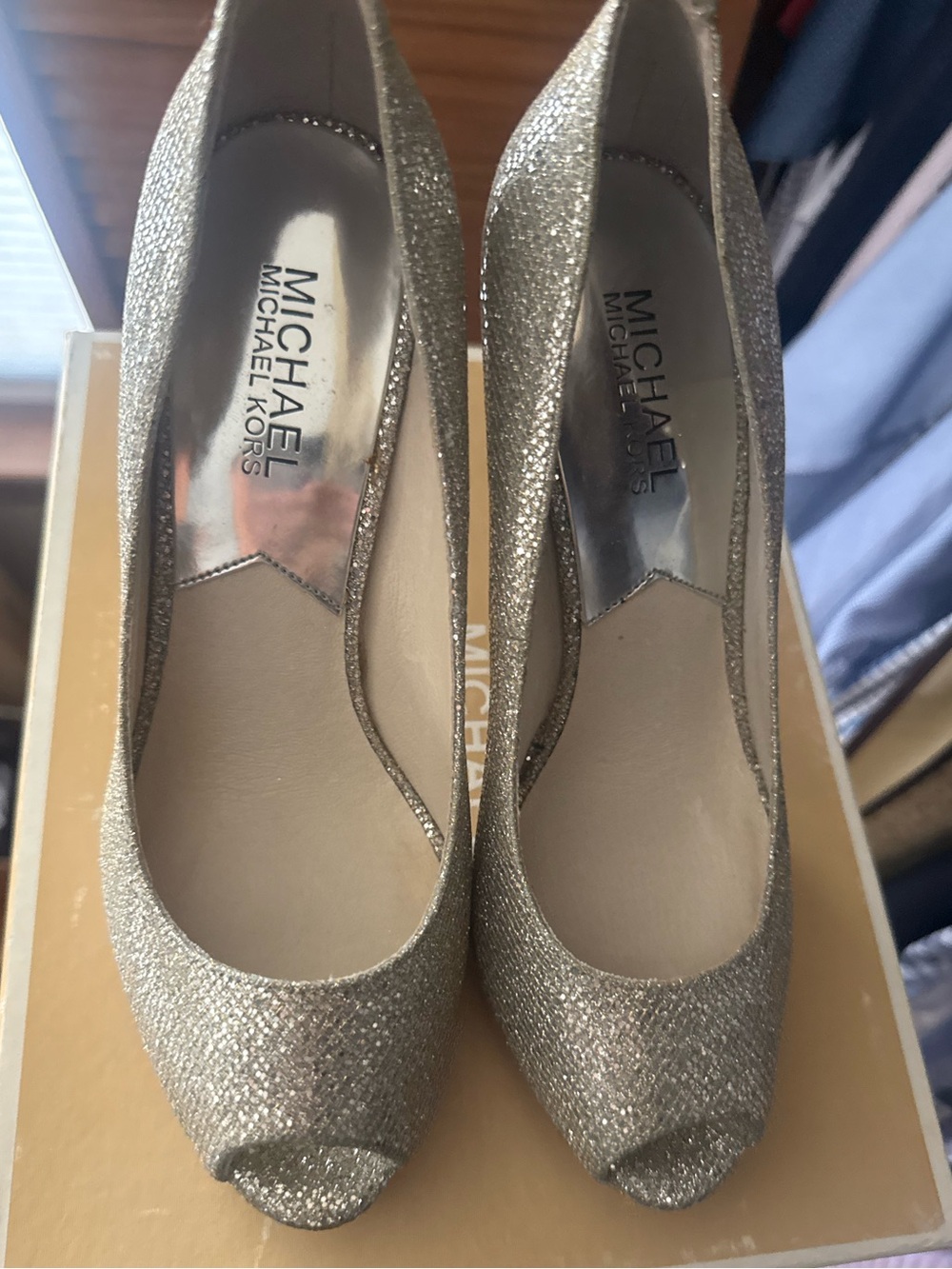 Michael Kors Gold Glitter Peep Toe Heels